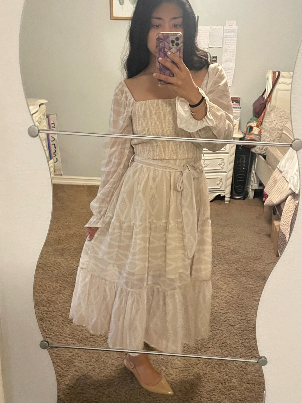 Neutral Ivory Long Sleeve Midi Dress with Tie Waist